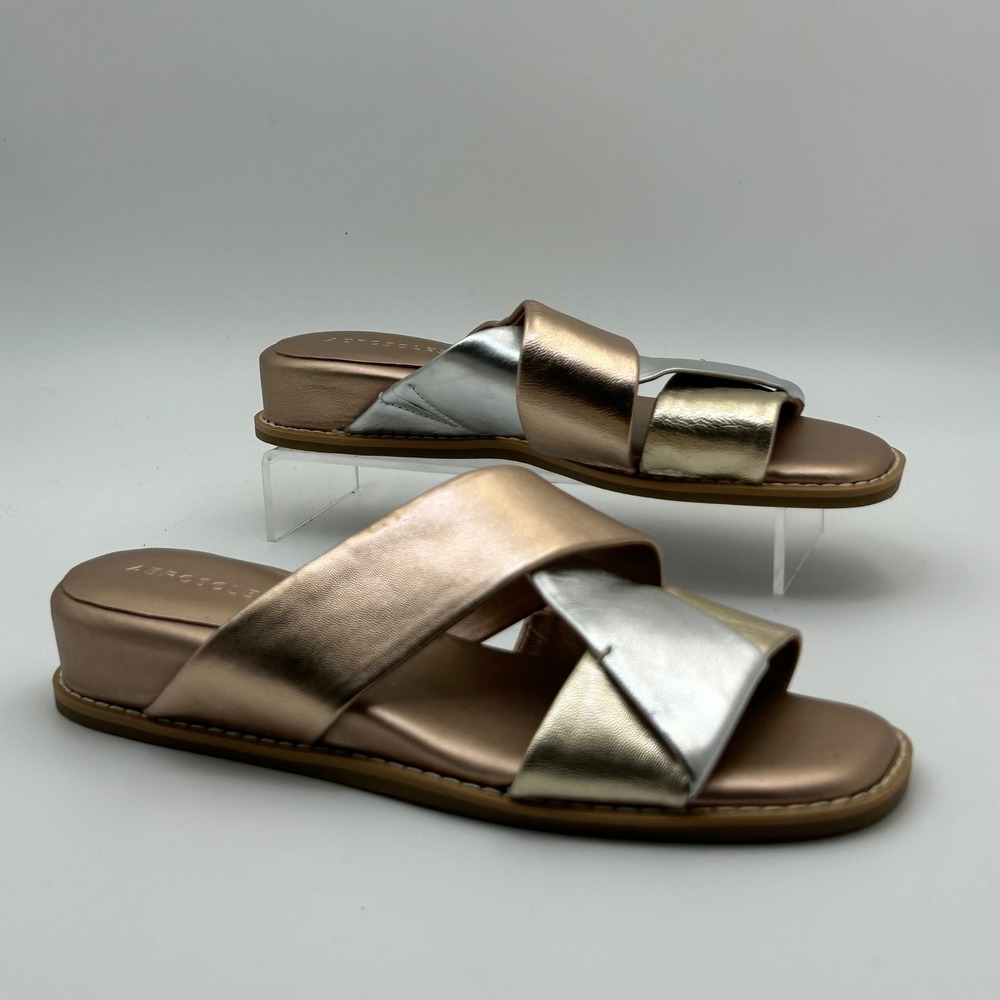 New Aerosoles Hilary Metallic Slides Sandals Womens 7 Leather Tri-tone Wedge